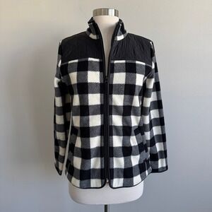 Talbots Petites Black Cream Buffalo Plaid Fleece Zip Up Jacket Quilted Yoke SP